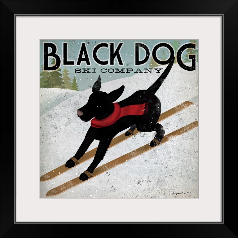 Giant square canvas art displays an advertisement for Black Dog Ski Company.  In the ad, a dog wearing a scarf skis down a...