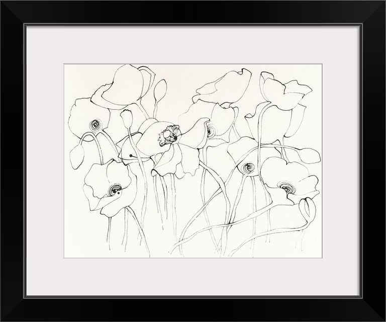 Contemporary illustrative artwork of outlined flowers against a cream toned background.
