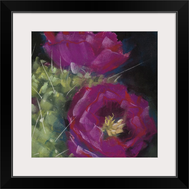 A square contemporary painting of purple blooms on a cactus with a black background.