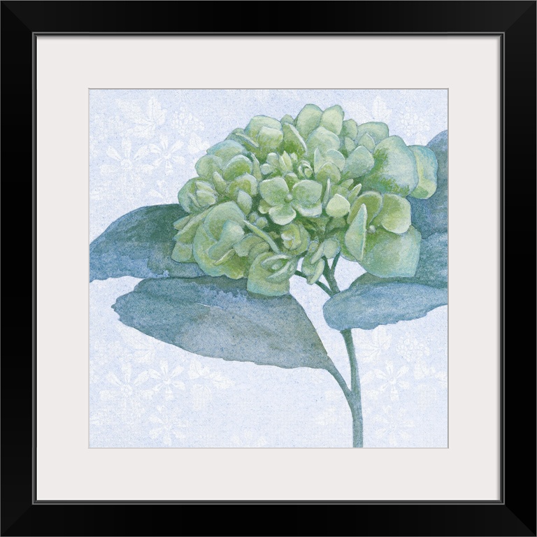 Painting of hydrangea blossoms in soft blue and green tones.