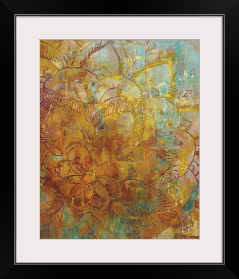 Contemporary colorful abstract painting with elements of an intricate mandala hidden among the layers of color.
