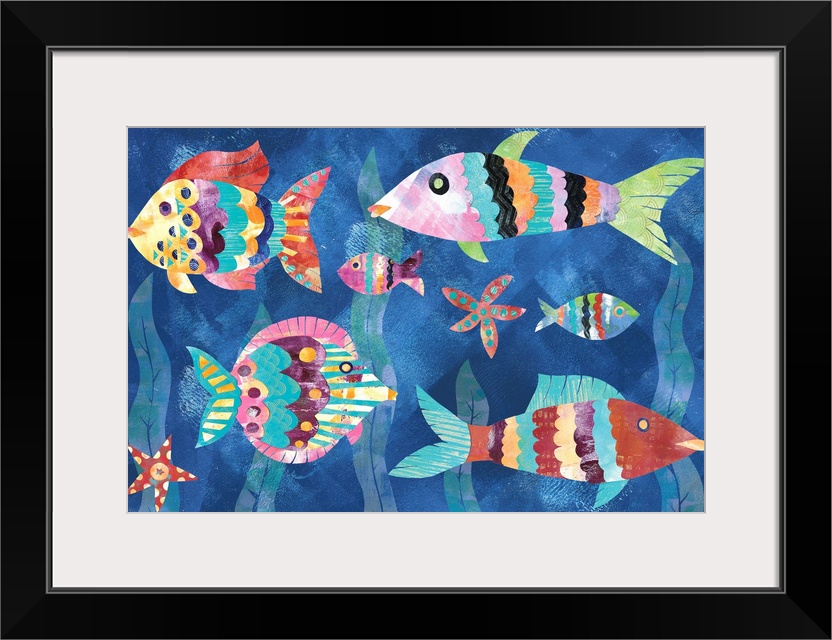 A collage of colorful fish and starfish with seaweed in the background made from mixed media.