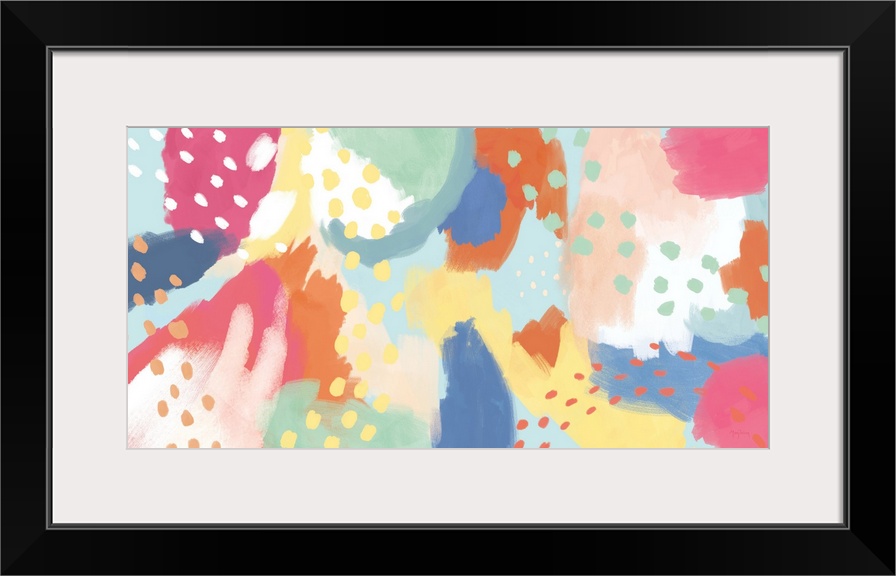 A bright colored abstract of large and overlapping small spots in yellow, green, orange and pink.