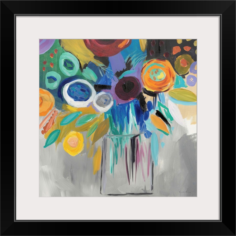 Square abstract painting of a bold floral arrangement on a grey background.