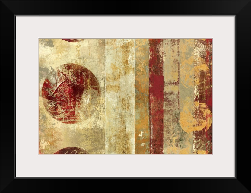 Contemporary abstract image of vertical stripes and distressed circles.