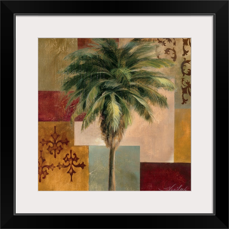 A palm tree is painted against blocks of colors and designs.