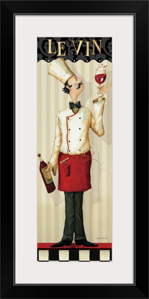 Artwork perfect for the kitchen that is a vertical print showing a chef holding a bottle of wine and a filled wine glass i...