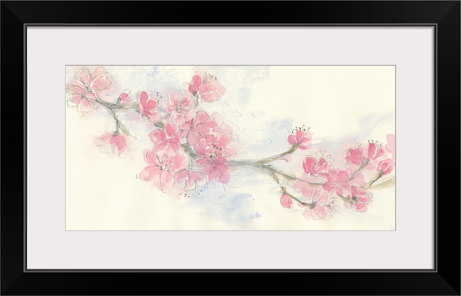 Contemporary artwork of a branch with blooming pink flowers.