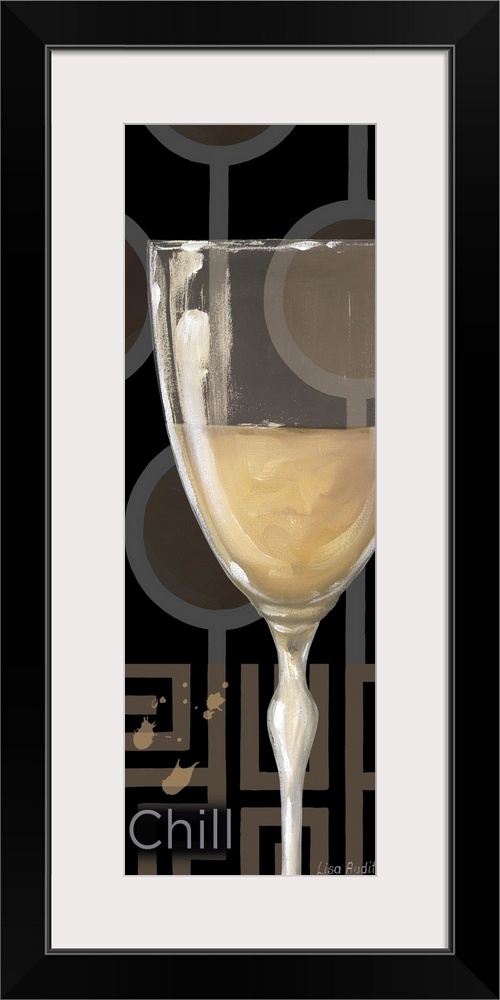Contemporary artwork perfect for the kitchen of a wine glass that is painted in front of a patterned wall.