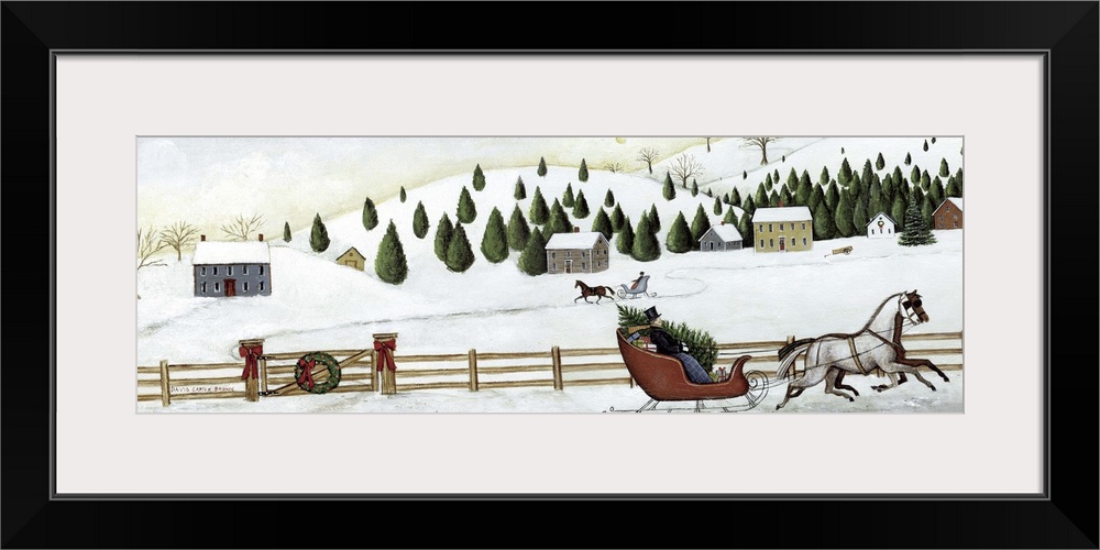 Contemporary painting of an idyllic winter scene with a horse drawn sleigh in the foreground.