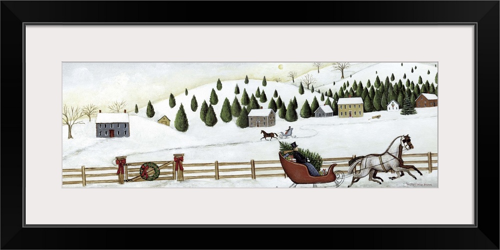 Contemporary painting of an idyllic winter scene with a horse drawn sleigh in the foreground.