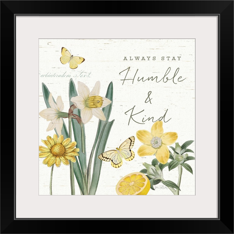 Square decor in white, yellow, and green with illustrations of a lemon, butterflies, and flowers on a white background wit...