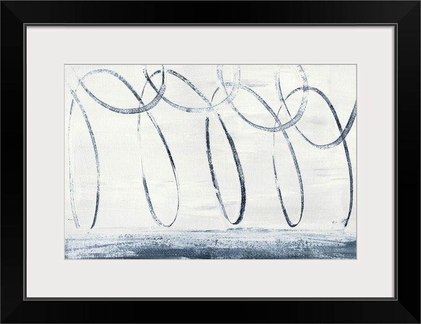 Abstract painting that has a continuous indigo line making long, skinny loops on white.