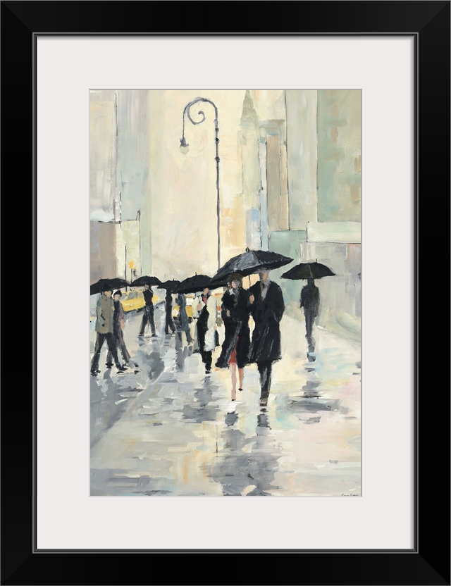 Contemporary painting of people walking in the street downtown in the rain with umbrellas. Their reflections are seen in t...
