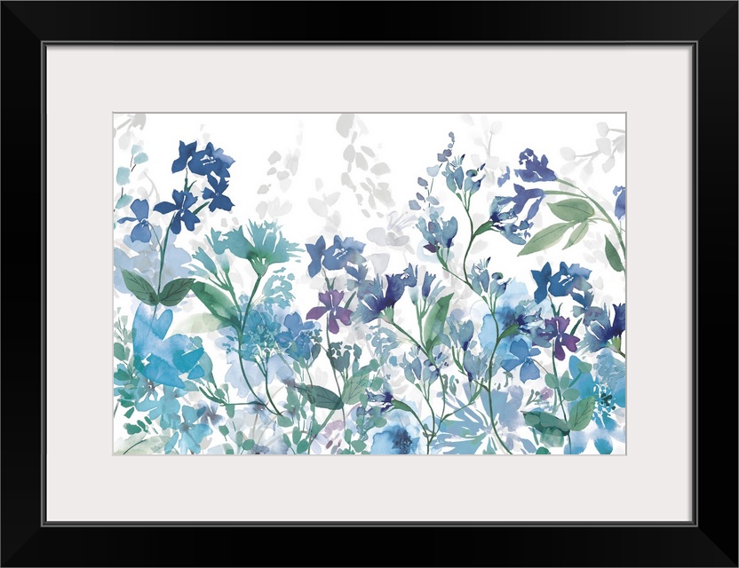 Contemporary artwork of a garden full of blue and purple flowers on a white background.