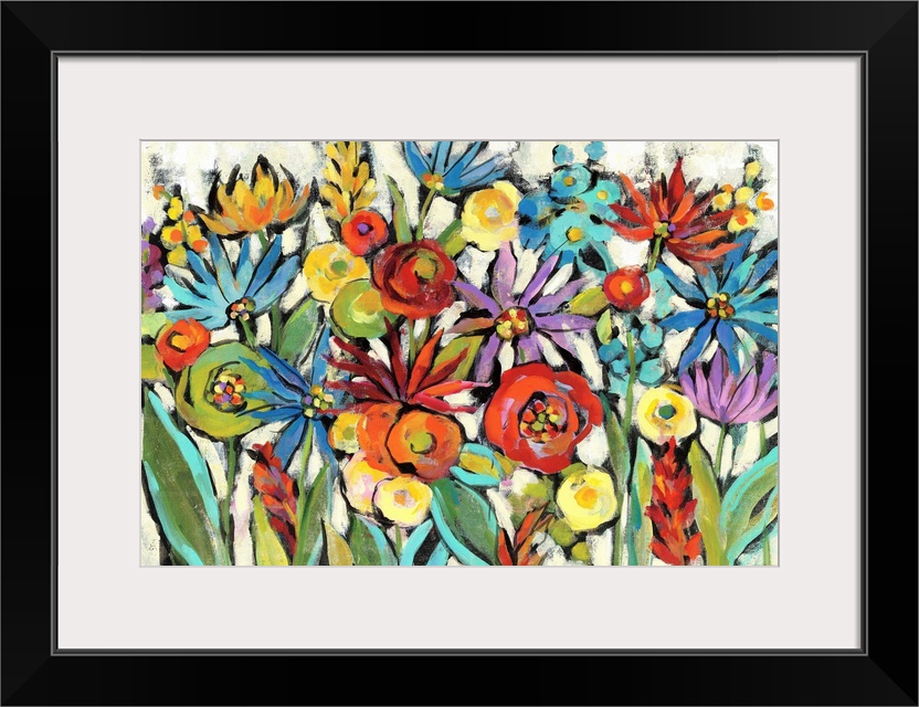 Colorful abstract painting of a group of wildflowers on a neutral background.