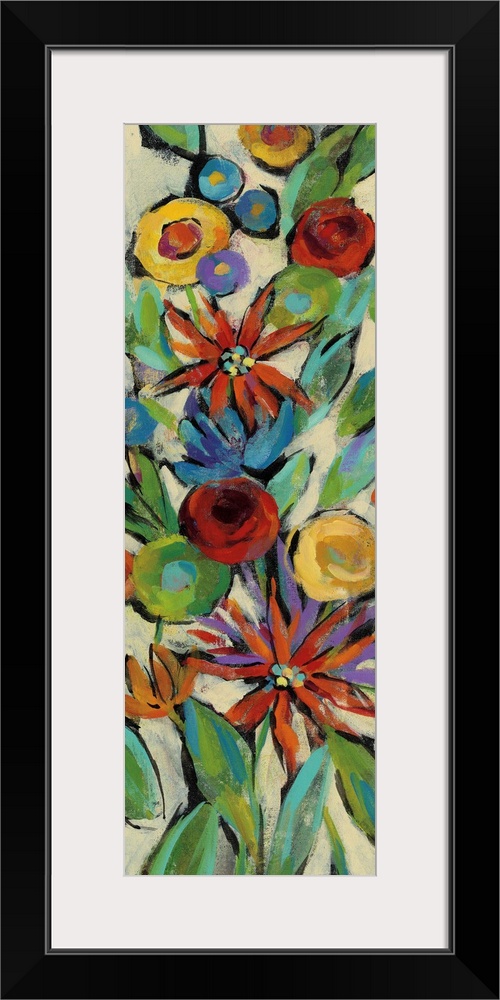 Tall, rectangular painting of colorful wildflowers filling up the entire canvas on a neutral colored background.