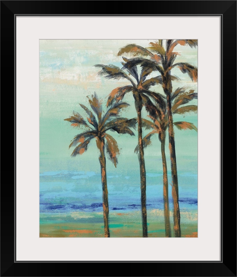 Contemporary artwork of palm trees adorned with copper colored highlights over an abstract landscape.