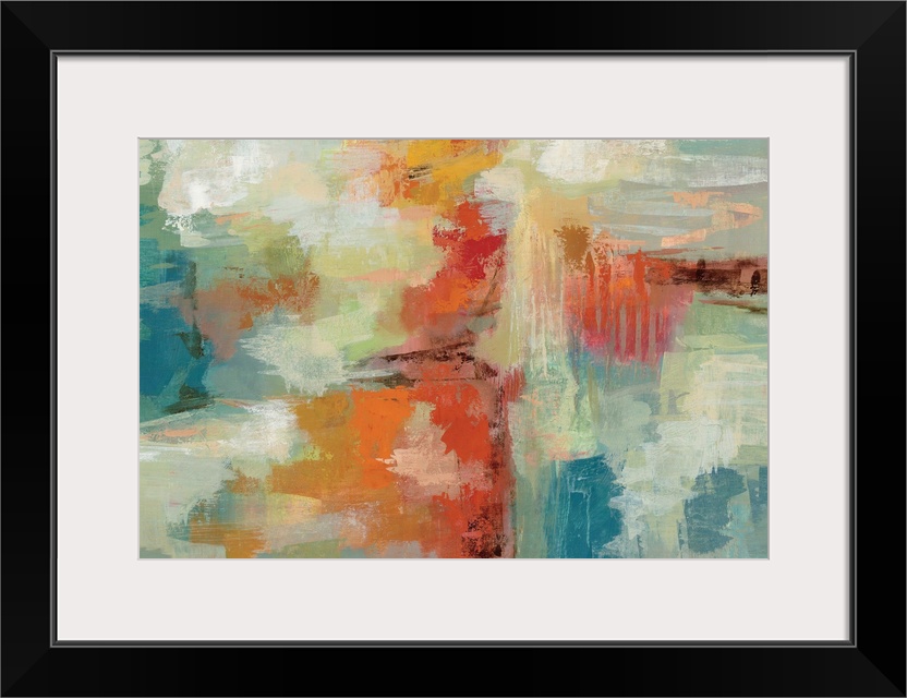 Contemporary abstract artwork in bright oranges and blues.