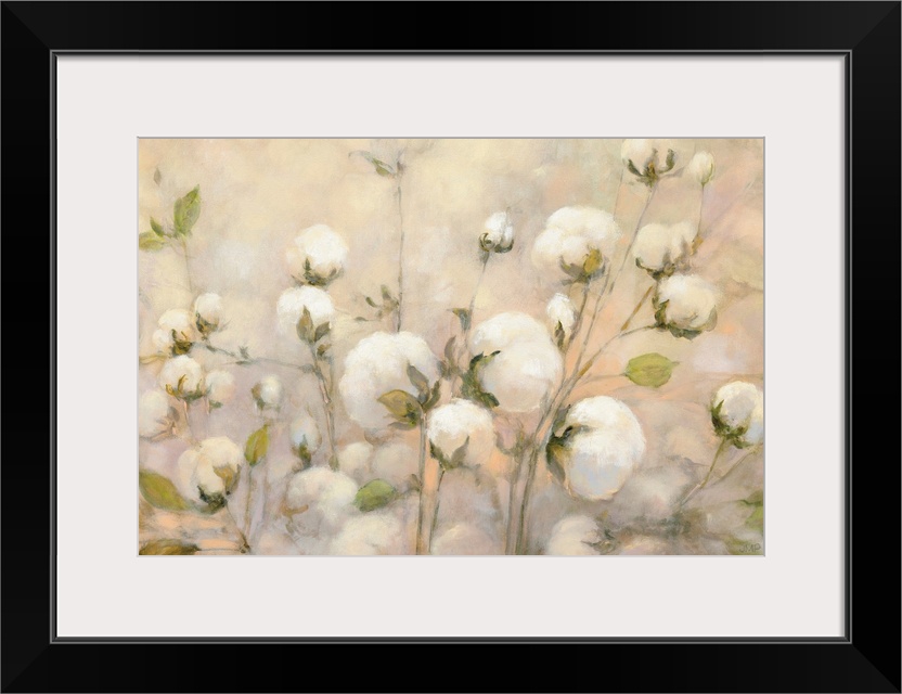 Large contemporary painting of wild cotton with a warm background.