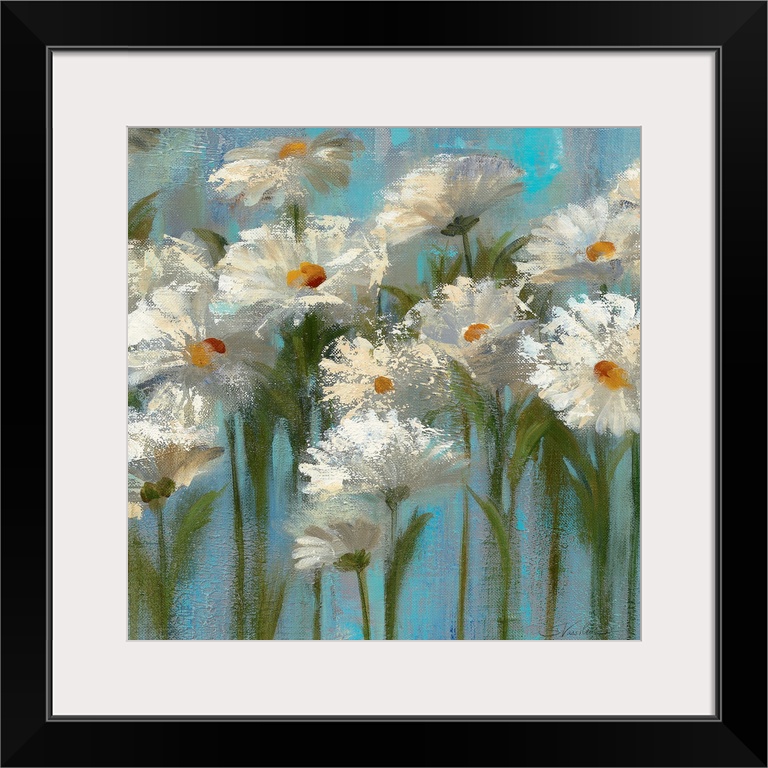 This big canvas wall art is a contemporary painting of several impressionistic flowers against a simplified backdrop.