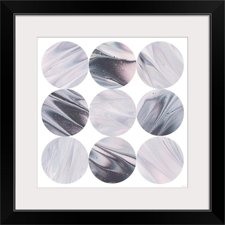 Square geometric art of purple, blue, black, and pink marble designed circles stacked in rows on a solid white background.