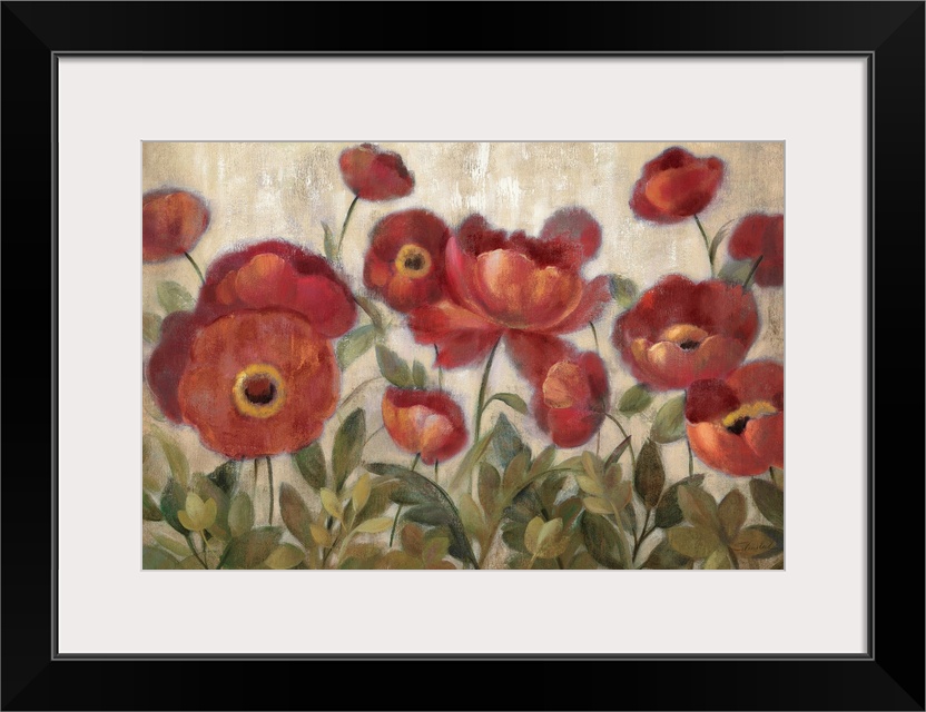 Soft, dreamy contemporary painting of a group of round poppies in a garden with short leaves, on a pale neutral background.