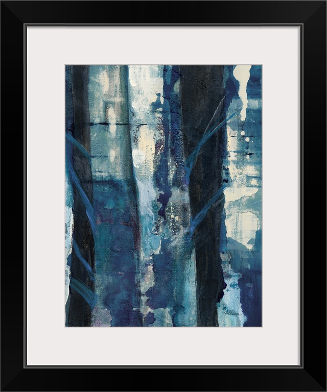Vertical abstract painting of textured roughed vertical lines in shades of blue.