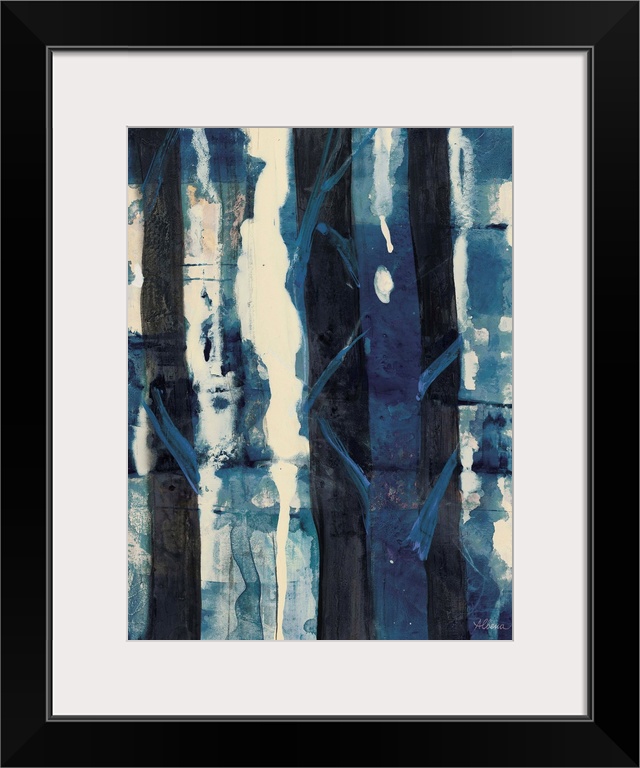 Vertical abstract painting of textured roughed vertical lines in shades of blue.