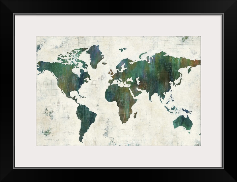 Contemporary artwork of a world map in a dark green against a neutral toned background.
