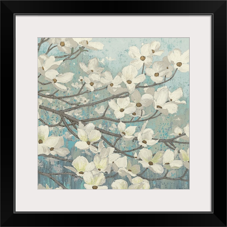 Square painting of a group of small white flowers on thin branches on a light, textured background.