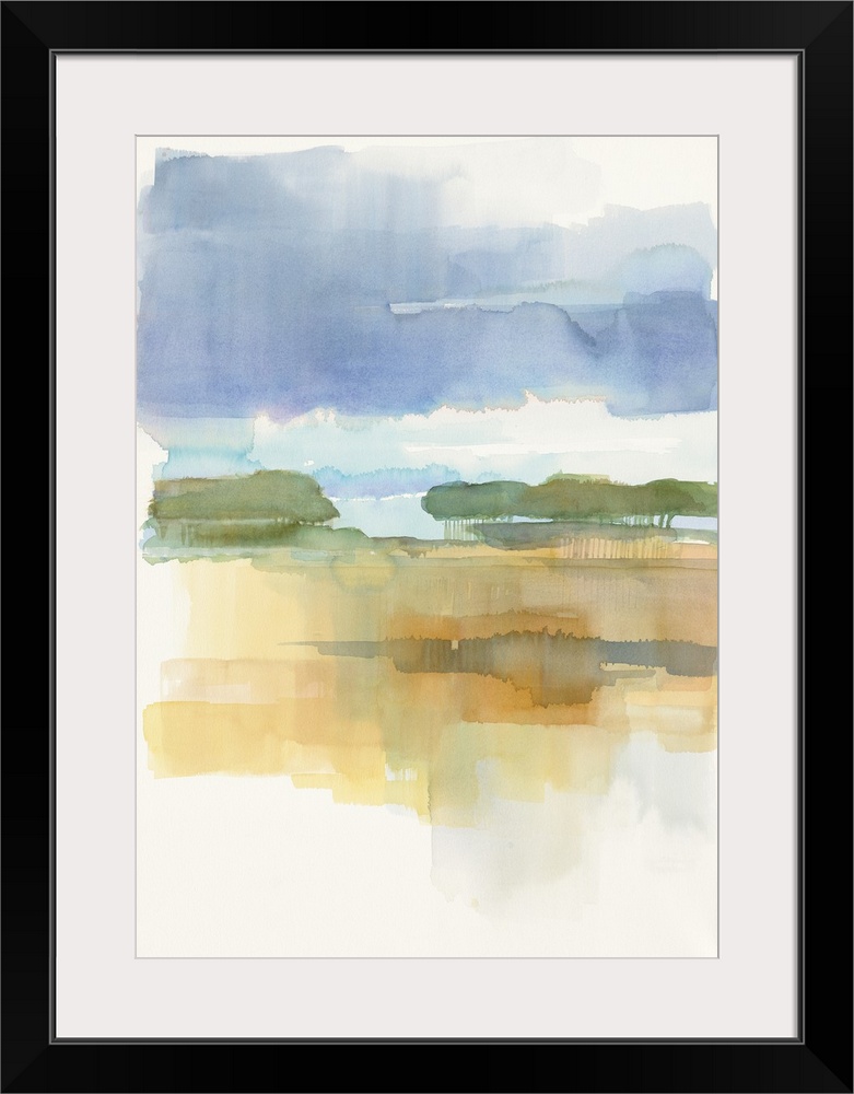 Watercolor painting of a simple landscape in soft blue twilight.
