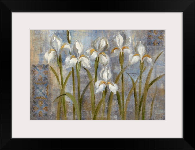 Giant floral art composed of a small group of iris flowers sitting in front of a backdrop filled with earth tones.  Artist...