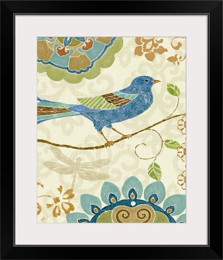 Docor for the home of a blue bird standing on a single branch with creative designs surrounding the bird.