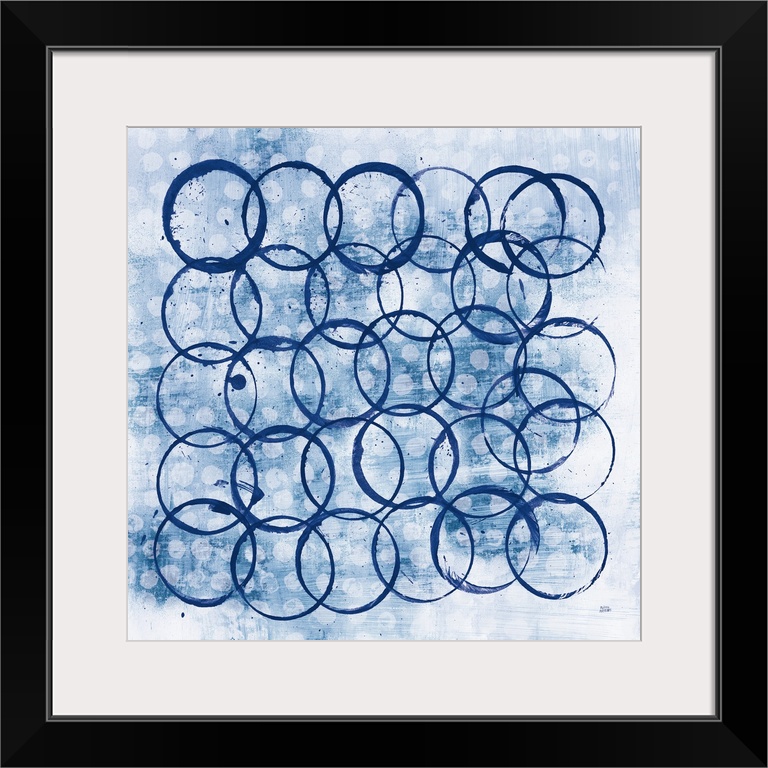 Square abstract painting with indigo outlines of circles overlapping in the foreground and smaller, solid, white circles i...