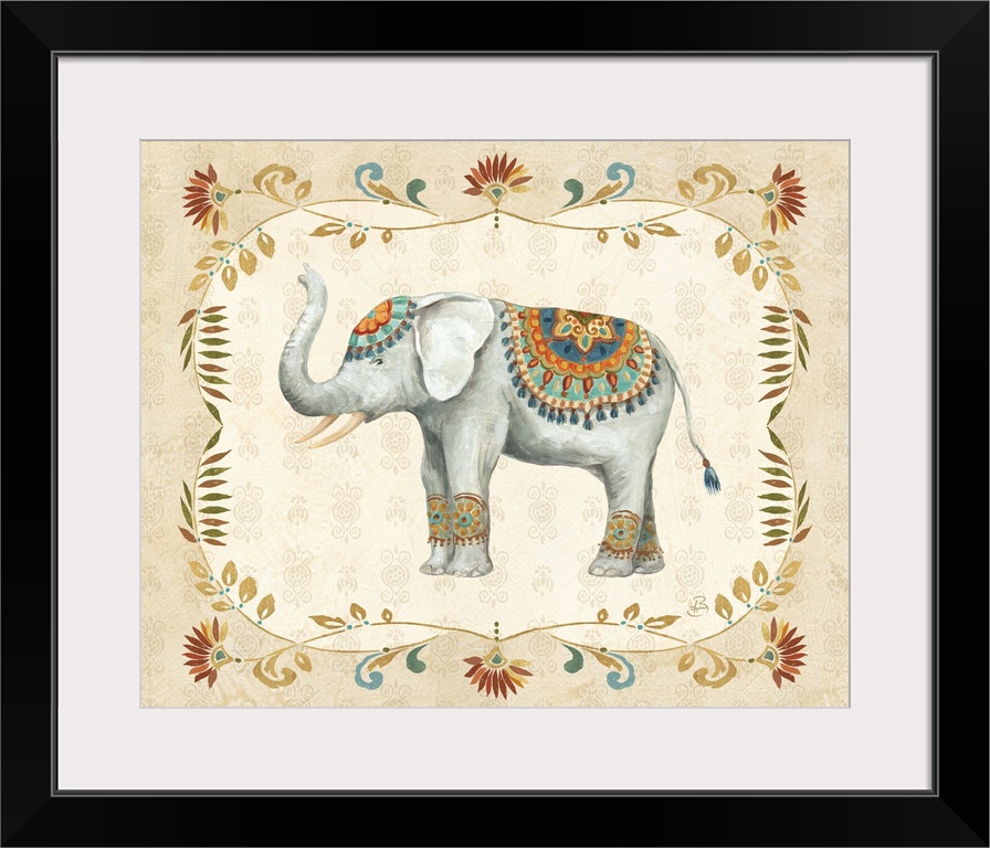 Boho style painting of an elephant  with a floral design on a neutral colored background.