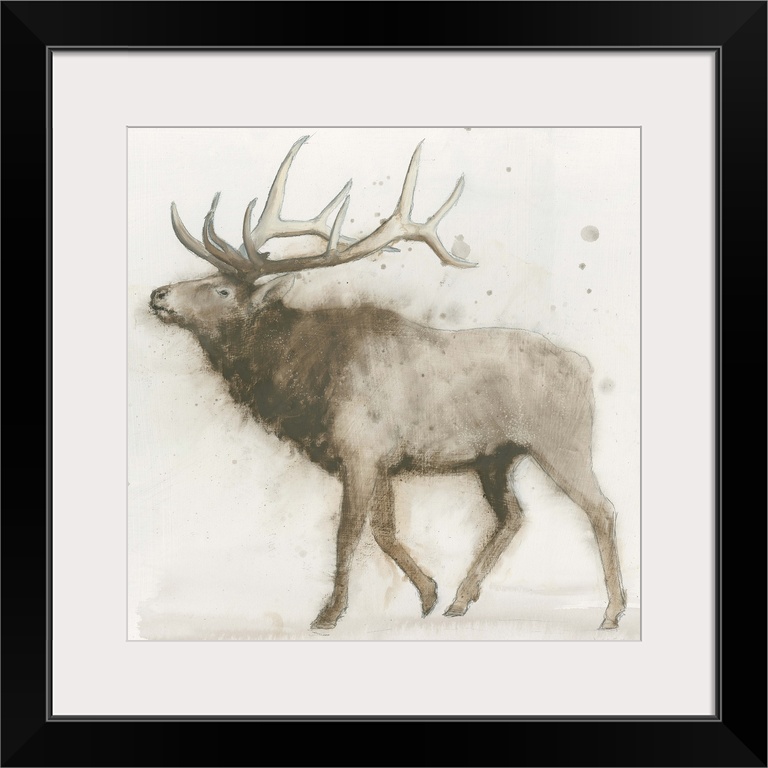 Contemporary painting of an elk against an off white background.