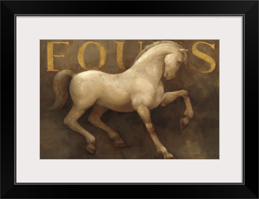 Horizontal, large home art docor of a white stallion with one hoof raised, standing against a neutral background.  The Lat...