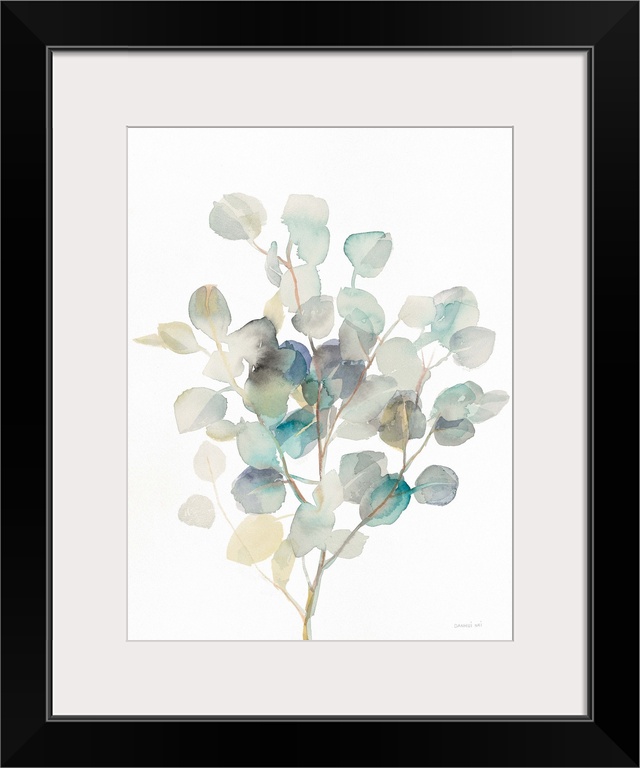 Vertical watercolor painting of blue, green, gray, and yellow toned eucalyptus leaves on a white background.