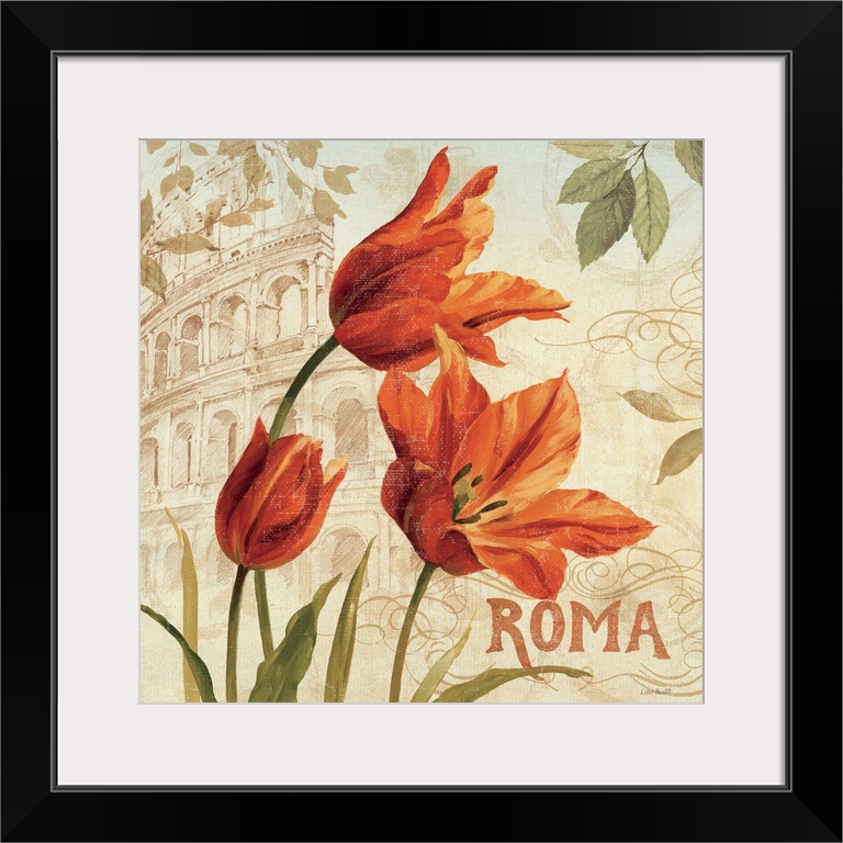 Contemporary painting of flowers with a background of the Coliseum.