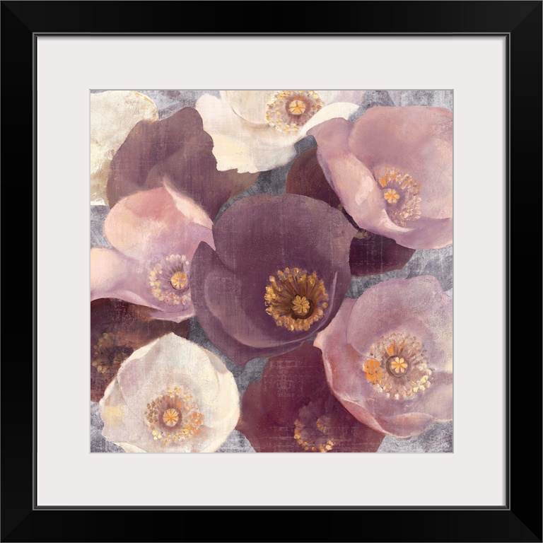 Giant square floral artwork of a bunch of similar flowers in various colors, on a rough textured background.