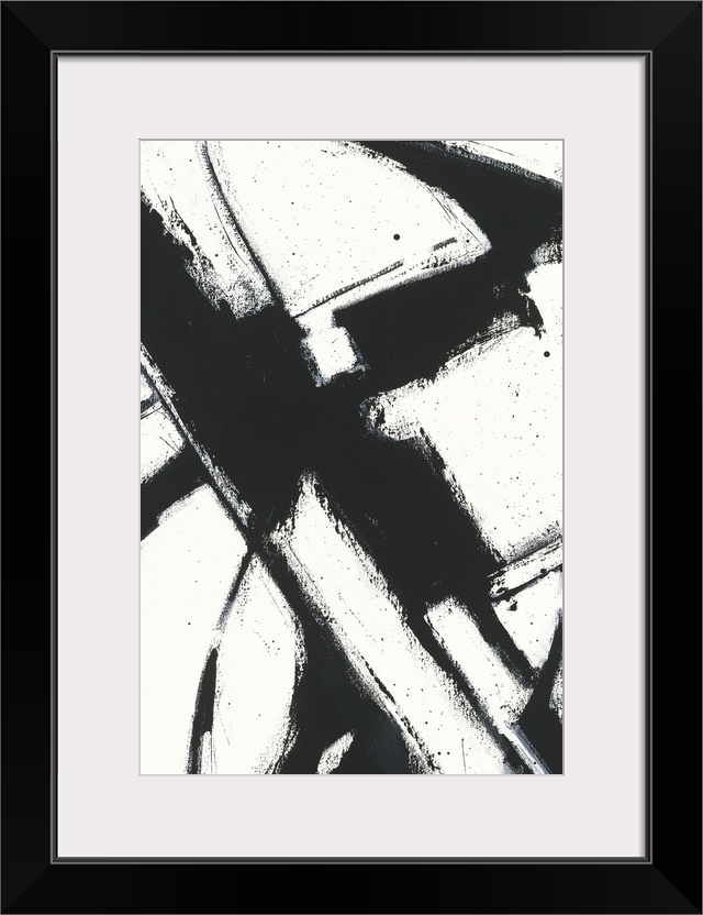 Contemporary abstract painting using bold black lines against an of white background.