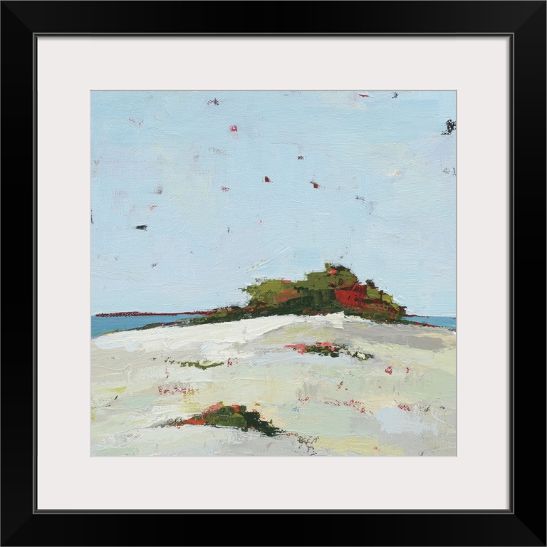 Square abstract painting of a sand dune with green, red, and pink grass on top and the ocean in the background in Fall.