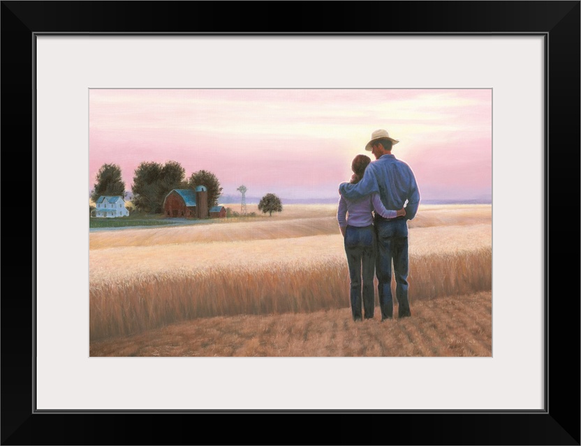 Contemporary painting of a couple standing in a wheat field looking towards the barn  with a pink and purple sunset in the...