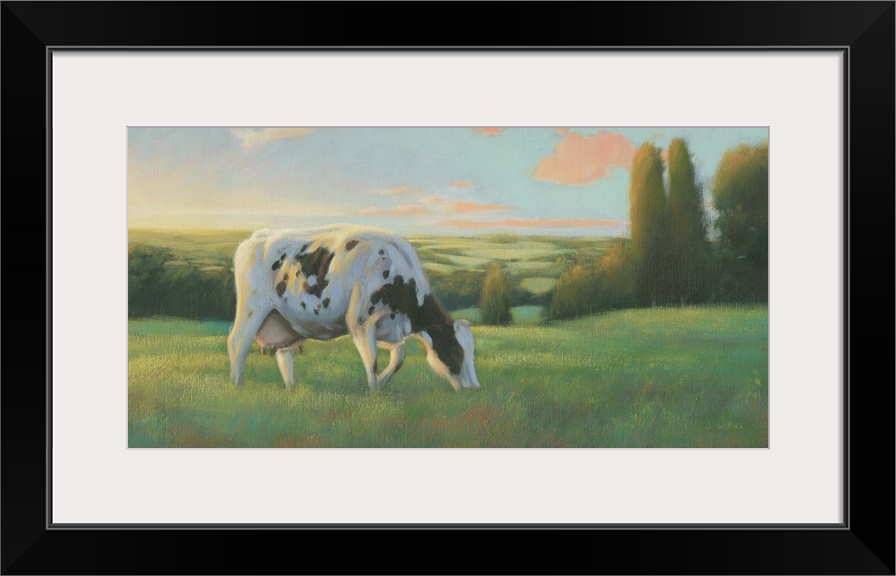 Large contemporary painting of a cow grazing in a field at sunset.