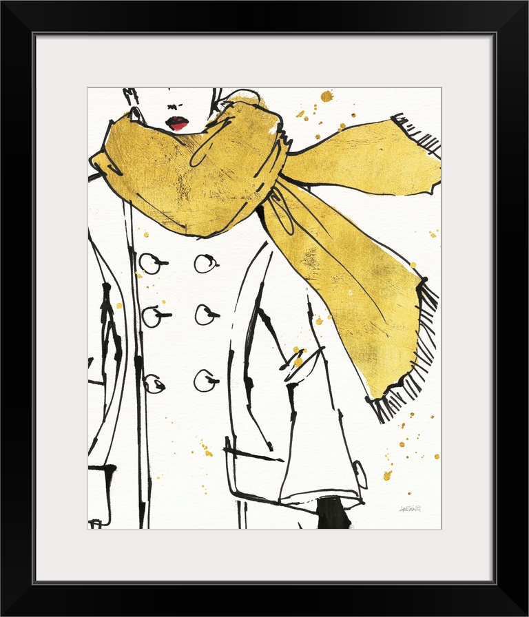 Black and white fashion sketch of a woman wearing a coat and a metallic gold scarf.