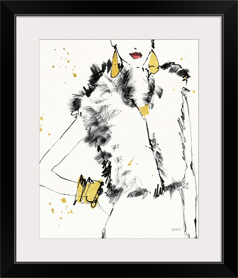 Black and white fashion sketch of a woman wearing a fur vest and metallic gold jewelry.