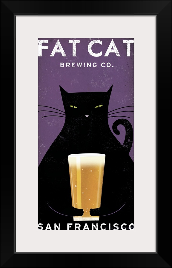 Vertical artwork on a giant canvas of a large black cat holding a glass of beer.  Text at the top reads "Fat Cat Brewing C...