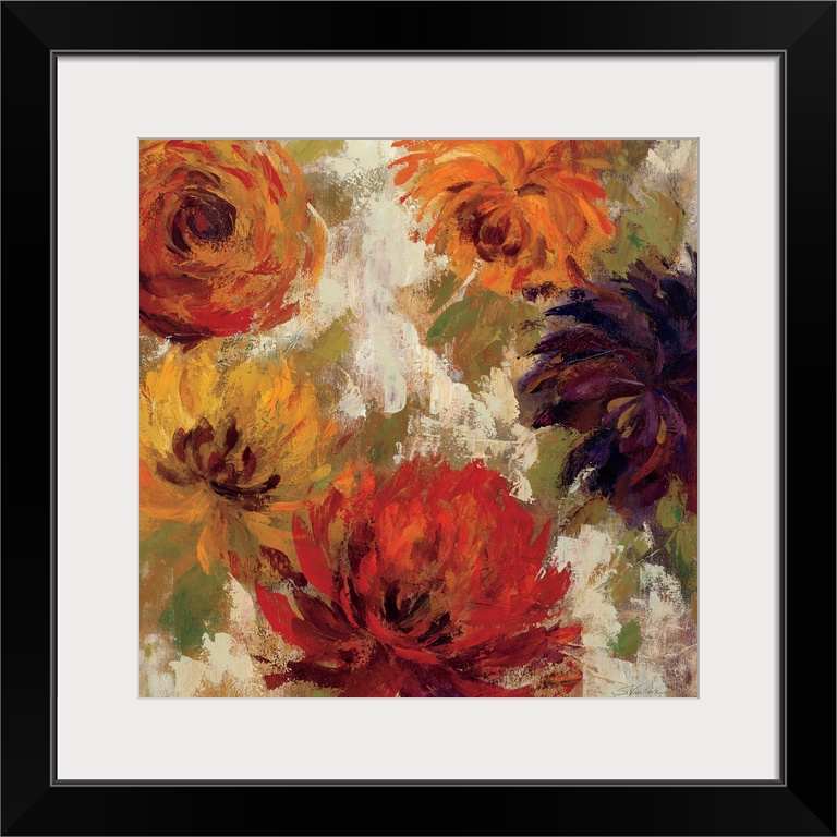 Contemporary artwork of different colored flowers close-up in the frame of the image.