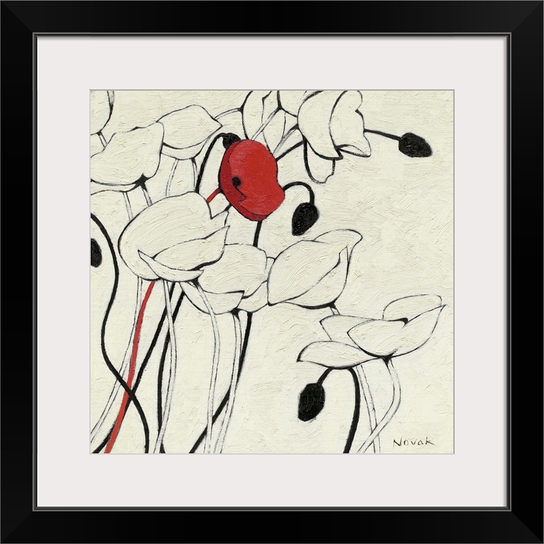Contemporary painting of a group of poppies done in a minimalist style, implementing simple linework and a small area of c...